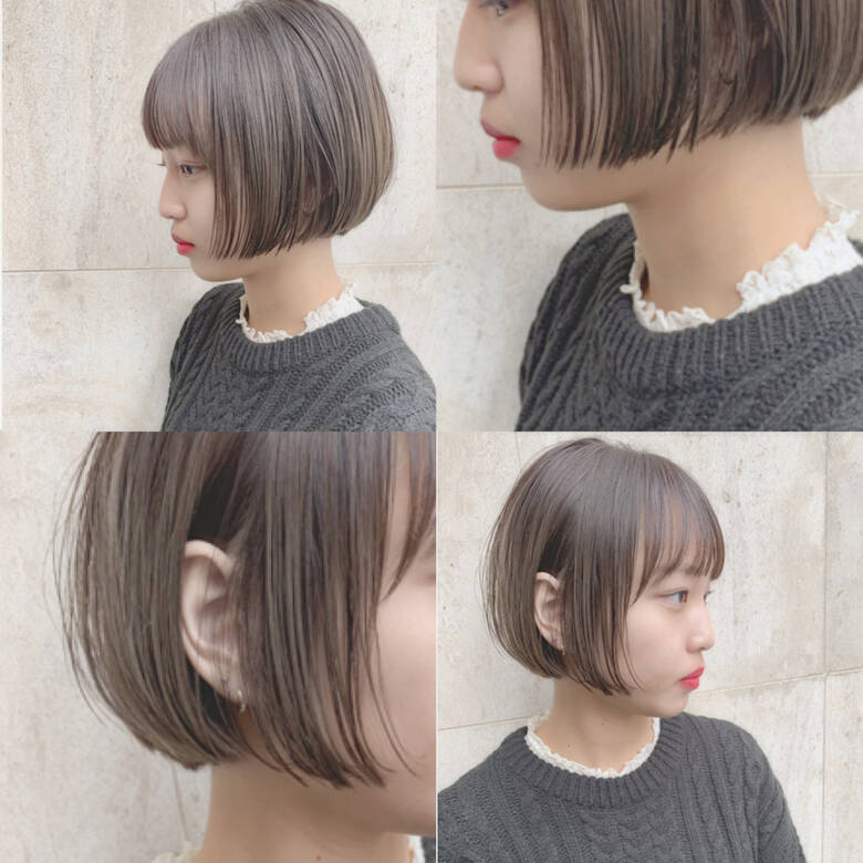 ナチュラル ショートボブ シースルーバング グレージュ Hair People原宿 日比野 恵理 Hair