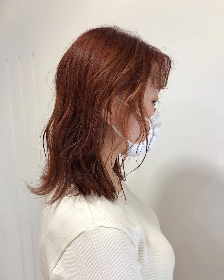 カッパーピンク オレンジカラー ミディアムヘアー フェミニン Sknow 飯田晃平 6040 Hair
